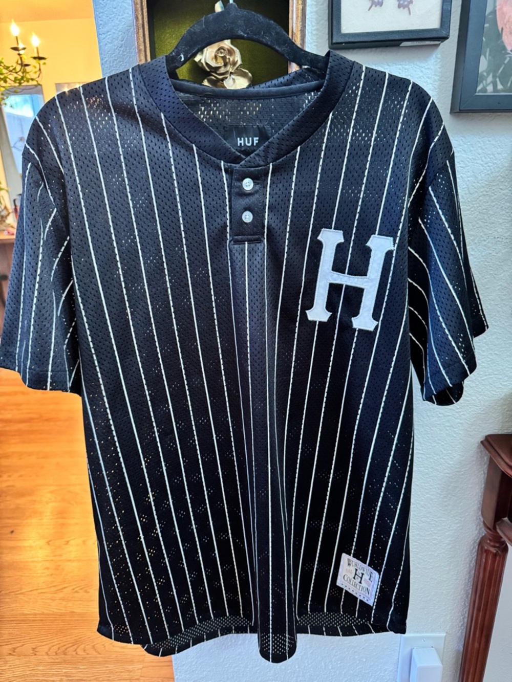 HUF Black and White Pinstripe Jersey with Worldwide Collection Patch